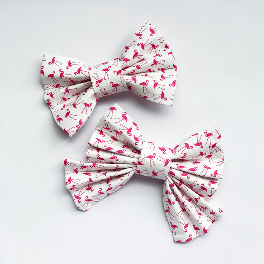 LADY - Pink Flamingos on White Bow Tie or Hair Bow to fit Collar