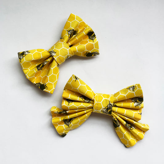 HONEY - Bumble Bees on Yellow Honeycomb Bow Tie or Hair Bow to fit Collar