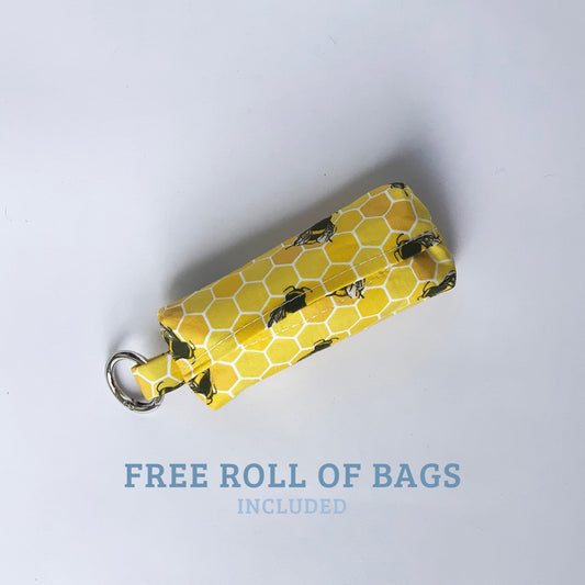 HONEY - Bumble Bees on Yellow Honeycomb Dog Poop Bag Holder to Attach to Dog Lead
