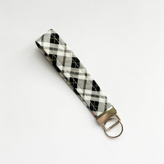 FRED - Black / White Tartan with Gold Wristlet Key Chain for Wrist - Various Patterns Available - Great Stocking Filler for Christmas