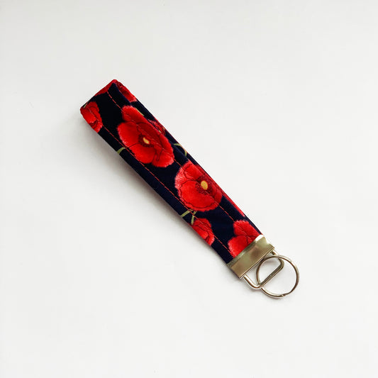 HUNTER - Red Poppies on Dark Blue Wristlet Key Chain for Wrist - Various Patterns Available - Great Stocking Filler for Christmas