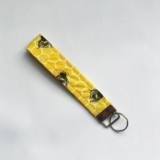 HONEY - Bumble Bees on Yellow Honeycomb Wristlet Key Chain for Wrist - Various Patterns Available - Great Stocking Filler for Christmas