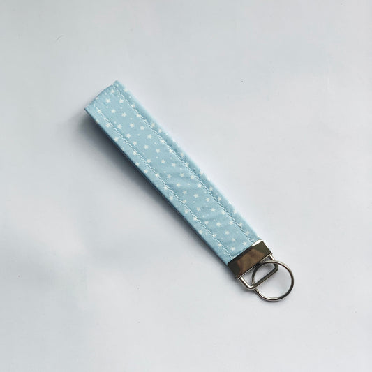CHARLIE - White Stars on Baby Blue Wristlet Key Chain for Wrist - Various Patterns Available - Great Stocking Filler for Christmas