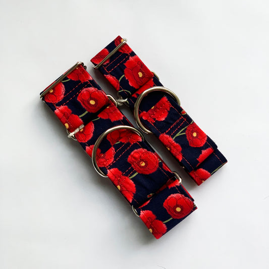HUNTER - Red Poppies on Dark Blue Adjustable Martingale Collar for Sighthounds / Greyhounds