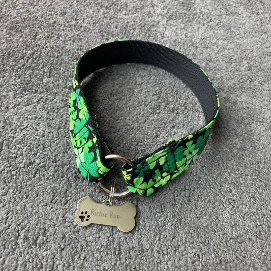 PADDY - Green Four 4 Leaf Clover on Black House / ID Tag Collar