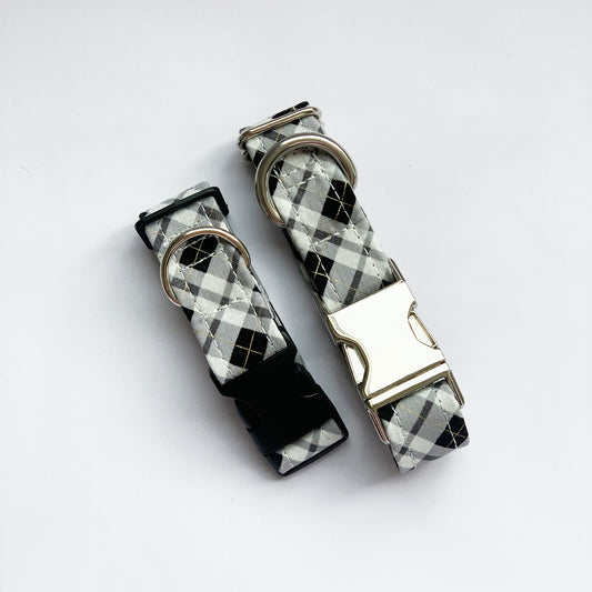 FRED - Black / White Tartan with Gold Adjustable Collar with Optional Plastic / Metal Side Release Buckle