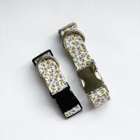 LOLA - Purple and Cream Floral Adjustable Collar with Optional Plastic / Metal Side Release Buckle