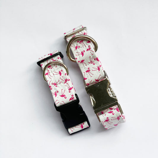 LADY - Pink Flamingos on White Adjustable Collar with Optional Plastic / Metal Side Release Buckle