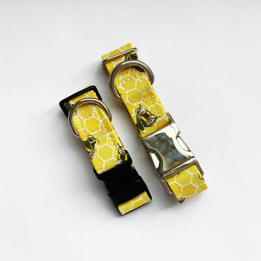 HONEY - Bumble Bees on Yellow Honeycomb Adjustable Collar with Optional Plastic / Metal Side Release Buckle
