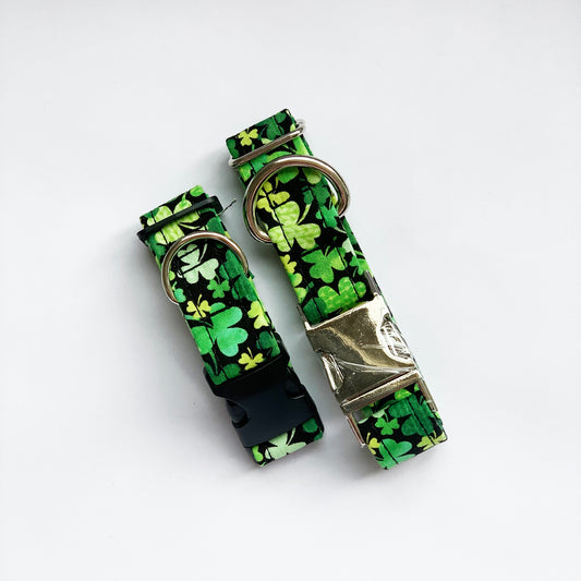 PADDY - Green Four 4 Leaf Clover on Black Adjustable Collar with Optional Plastic / Metal Side Release Buckle