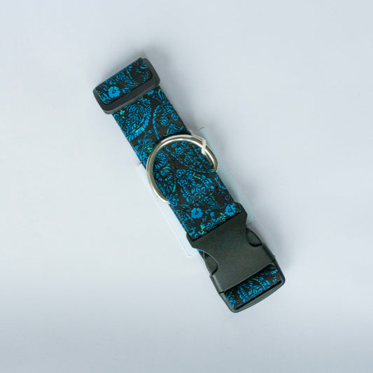 RILEY - Blue Paisley Floral Adjustable Collar with Optional Plastic / Metal Side Release Buckle