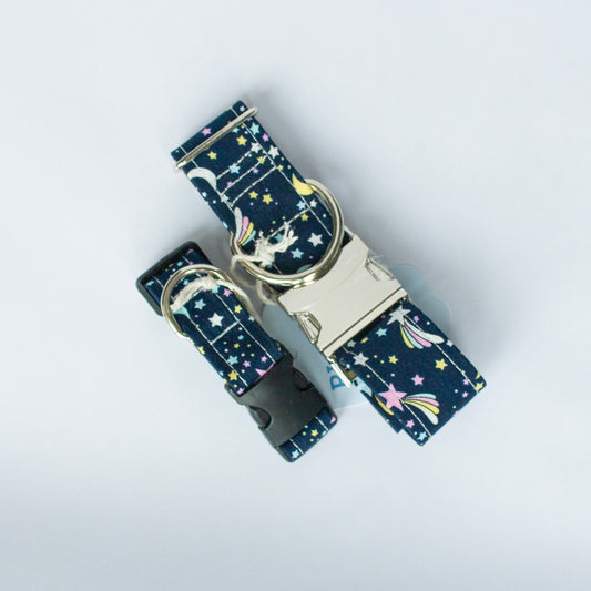 STAR - Blue/Navy Shooting Star and Moon Adjustable Collar with Optional Plastic / Metal Side Release Buckle